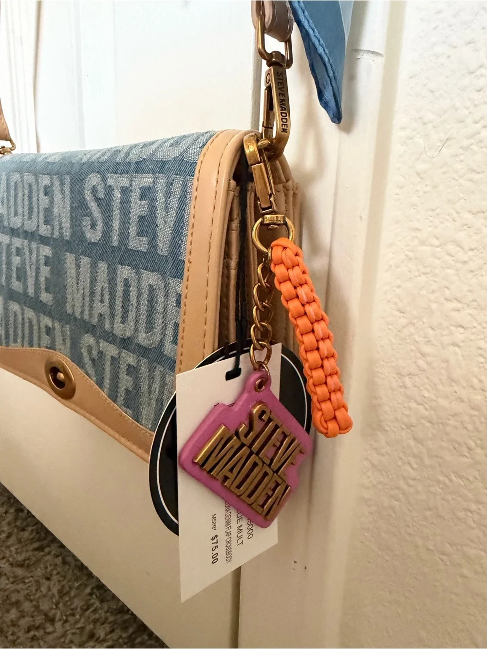 Steve Madden Blue Logo Crossbody with Tan Strap and Scarf Accent